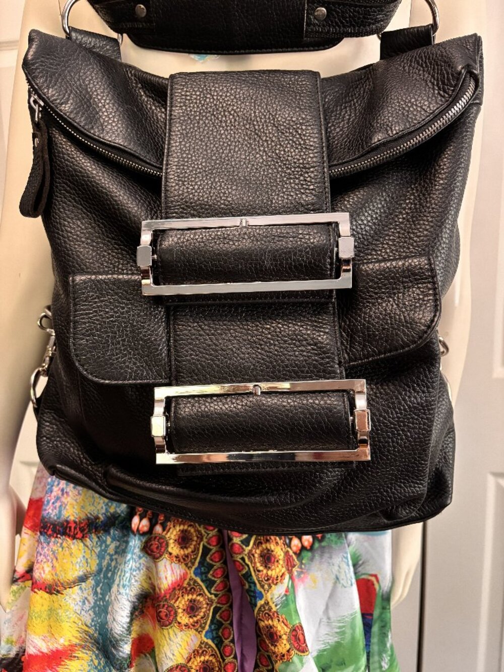 American Leather Black Pebbled Leather Convertible Backpack Shoulder Bag Large